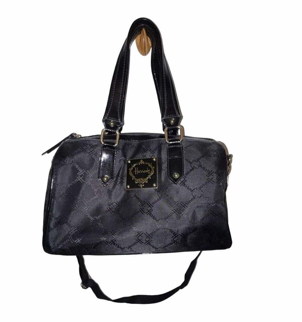 Harrods Black Monogram Boston Bag Y2K Shoulder Crossbody Handbag